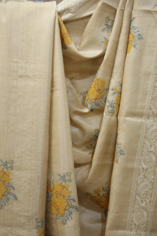 Cream Machine Embroidered Tussar Silk Saree-SRCMETSS898