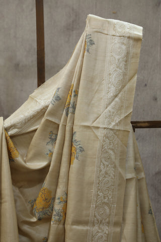 Cream Machine Embroidered Tussar Silk Saree-SRCMETSS898