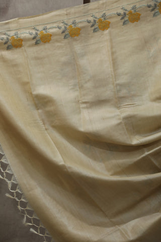 Cream Machine Embroidered Tussar Silk Saree-SRCMETSS898