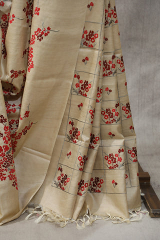 Cream Machine Embroidered Tussar Silk Saree-SRCMETSS897