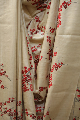 Cream Machine Embroidered Tussar Silk Saree-SRCMETSS897