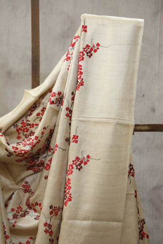 Cream Machine Embroidered Tussar Silk Saree-SRCMETSS897