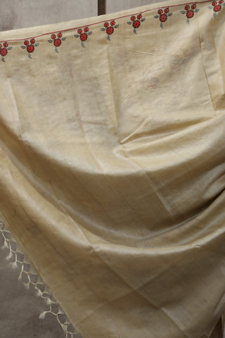 Cream Machine Embroidered Tussar Silk Saree-SRCMETSS897