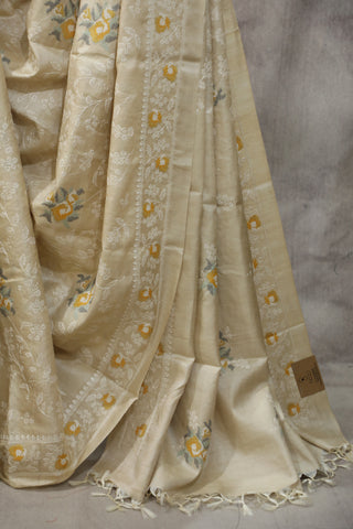 Cream Machine Embroidered Tussar Silk Saree-SRCMETSS896