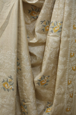 Cream Machine Embroidered Tussar Silk Saree-SRCMETSS896