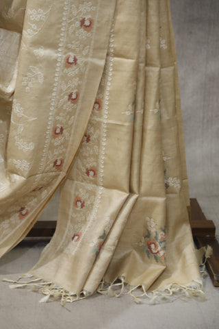 Cream Machine Embroidered Tussar Silk Saree-SRCMETSS895