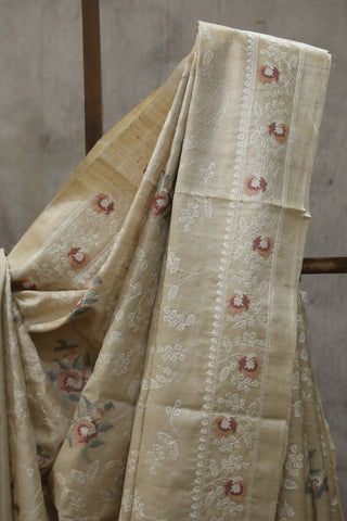 Cream Machine Embroidered Tussar Silk Saree-SRCMETSS895