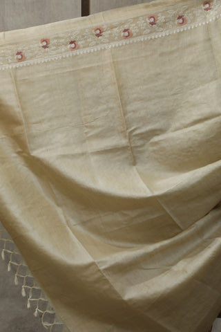 Cream Machine Embroidered Tussar Silk Saree-SRCMETSS895