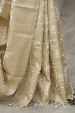 Cream Machine Embroidered Tussar Silk Saree-SRCMETSS904