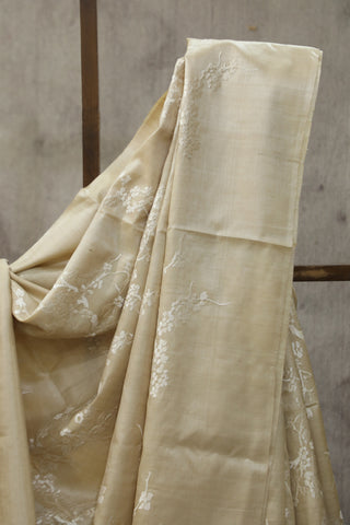 Cream Machine Embroidered Tussar Silk Saree-SRCMETSS904