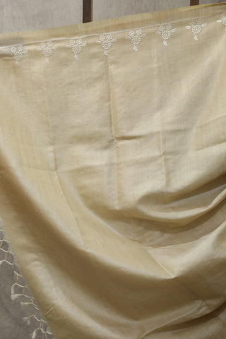 Cream Machine Embroidered Tussar Silk Saree-SRCMETSS904