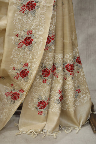 Cream Machine Embroidered Tussar Silk Saree-SRCMETSS903