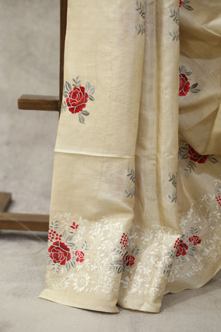 Cream Machine Embroidered Tussar Silk Saree-SRCMETSS903