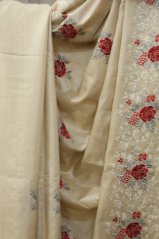 Cream Machine Embroidered Tussar Silk Saree-SRCMETSS903