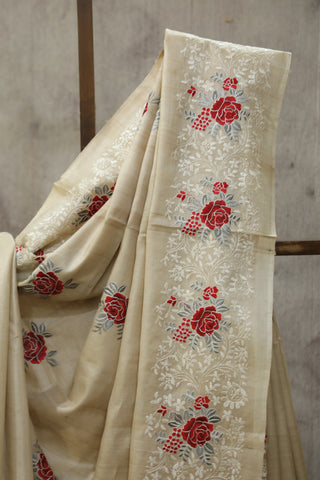 Cream Machine Embroidered Tussar Silk Saree-SRCMETSS903