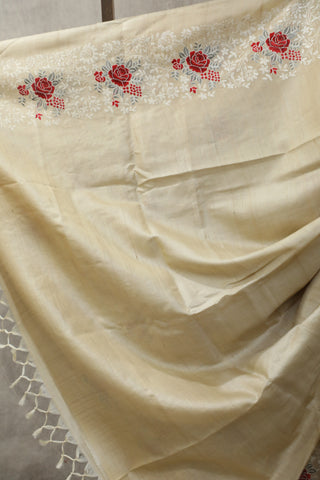 Cream Machine Embroidered Tussar Silk Saree-SRCMETSS903