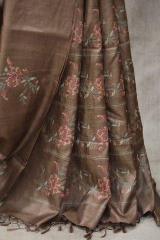 Brown Machine Embroidered Tussar Silk Saree - SRBMETSS943