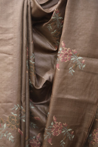 Brown Machine Embroidered Tussar Silk Saree - SRBMETSS943