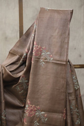 Brown Machine Embroidered Tussar Silk Saree - SRBMETSS943