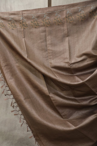 Brown Machine Embroidered Tussar Silk Saree - SRBMETSS943