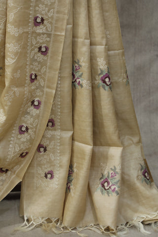 Cream Machine Embroidered Tussar Silk Saree-SRCMETSS902