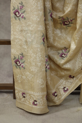 Cream Machine Embroidered Tussar Silk Saree-SRCMETSS902