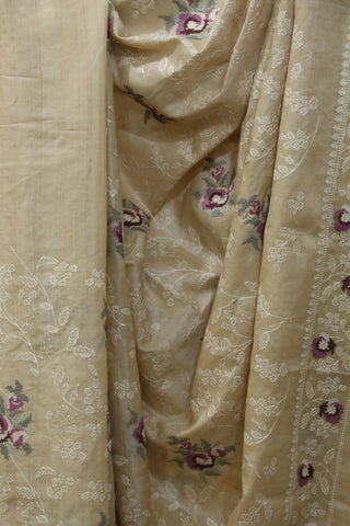 Cream Machine Embroidered Tussar Silk Saree-SRCMETSS902