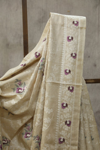 Cream Machine Embroidered Tussar Silk Saree-SRCMETSS902