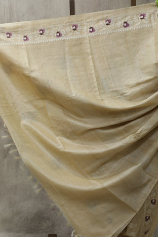 Cream Machine Embroidered Tussar Silk Saree-SRCMETSS902