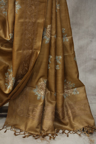 Gold Machine Embroidered Tussar Silk Saree - SRGMETSS941