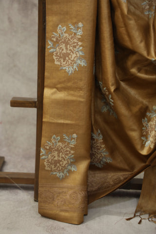 Gold Machine Embroidered Tussar Silk Saree - SRGMETSS941