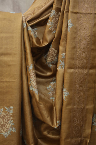 Gold Machine Embroidered Tussar Silk Saree - SRGMETSS941