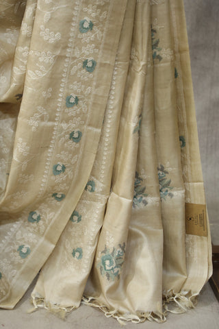 Cream Machine Embroidered Tussar Silk Saree-SRCMETSS901