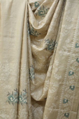 Cream Machine Embroidered Tussar Silk Saree-SRCMETSS901