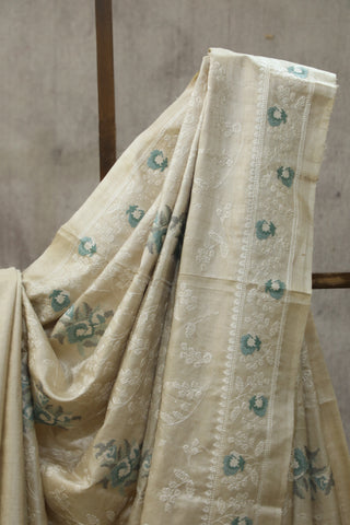 Cream Machine Embroidered Tussar Silk Saree-SRCMETSS901