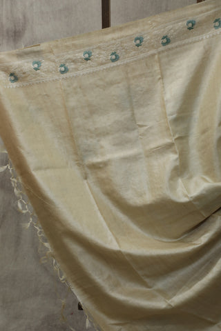 Cream Machine Embroidered Tussar Silk Saree-SRCMETSS901