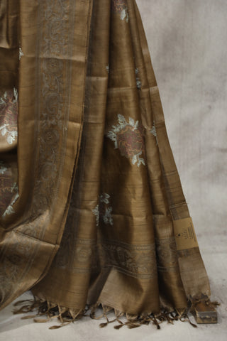 Brown Machine Embroidered Tussar Silk Saree - SRBMETSS942