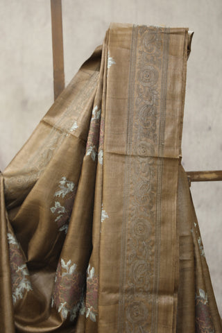 Brown Machine Embroidered Tussar Silk Saree - SRBMETSS942