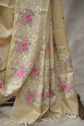 Cream Machine Embroidered Tussar Silk Saree-SRCMETSS905