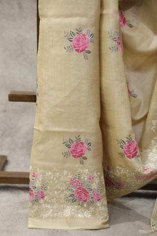 Cream Machine Embroidered Tussar Silk Saree-SRCMETSS905