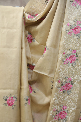 Cream Machine Embroidered Tussar Silk Saree-SRCMETSS905