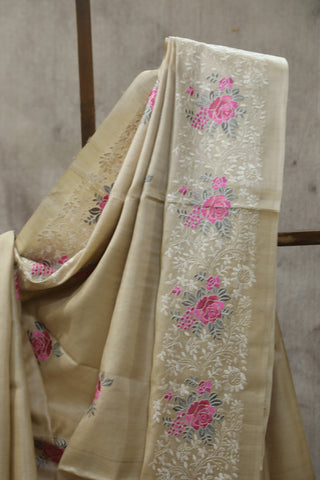 Cream Machine Embroidered Tussar Silk Saree-SRCMETSS905