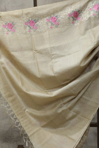 Cream Machine Embroidered Tussar Silk Saree-SRCMETSS905