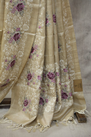 Cream Machine Embroidered Tussar Silk Saree-SRCMETSS906