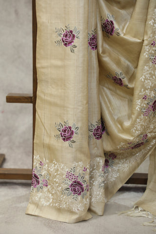 Cream Machine Embroidered Tussar Silk Saree-SRCMETSS909