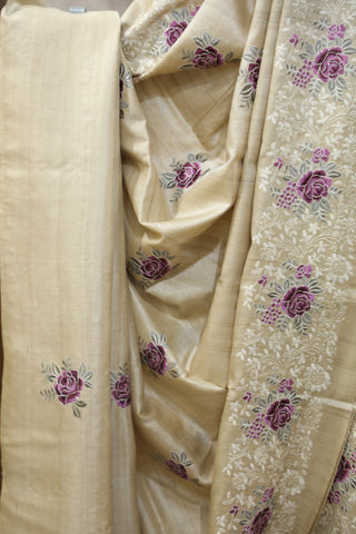 Cream Machine Embroidered Tussar Silk Saree-SRCMETSS906