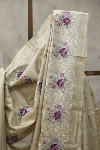 Cream Machine Embroidered Tussar Silk Saree-SRCMETSS909