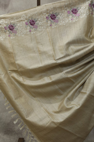 Cream Machine Embroidered Tussar Silk Saree-SRCMETSS906