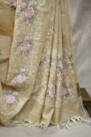 Cream Machine Embroidered Tussar Silk Saree-SRCMETSS910