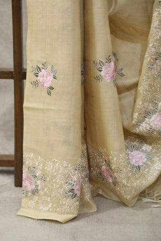 Cream Machine Embroidered Tussar Silk Saree-SRCMETSS910